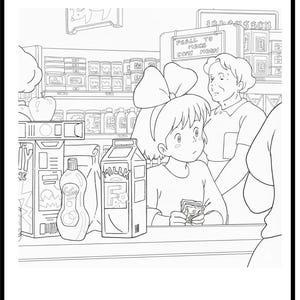 Op de afbeelding: Zwart-wit illustratie van een supermarktsc&egrave;ne. Een jong persoon met een grote strik houdt geld vast aan de balie. Een melkpak en een fles zeep staan op de toonbank. De schappen zijn gevuld met diverse producten.