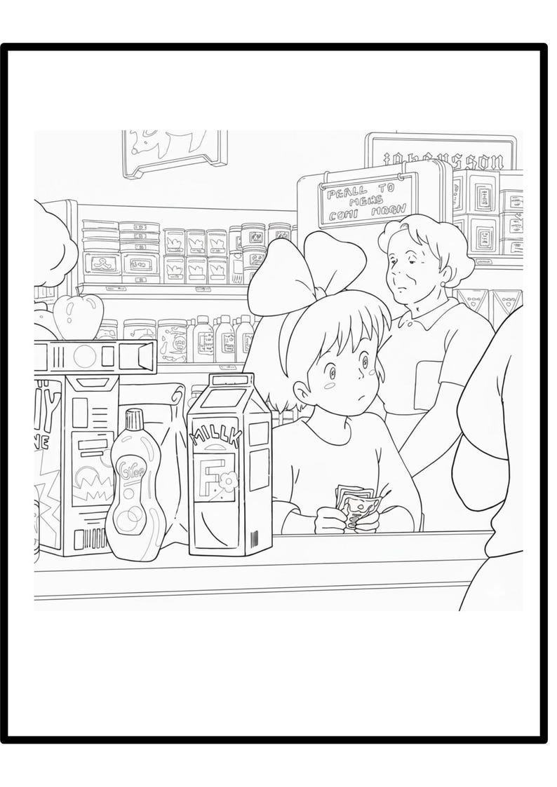 Op de afbeelding: Zwart-wit illustratie van een supermarktsc&egrave;ne. Een jong persoon met een grote strik houdt geld vast aan de balie. Een melkpak en een fles zeep staan op de toonbank. De schappen zijn gevuld met diverse producten.