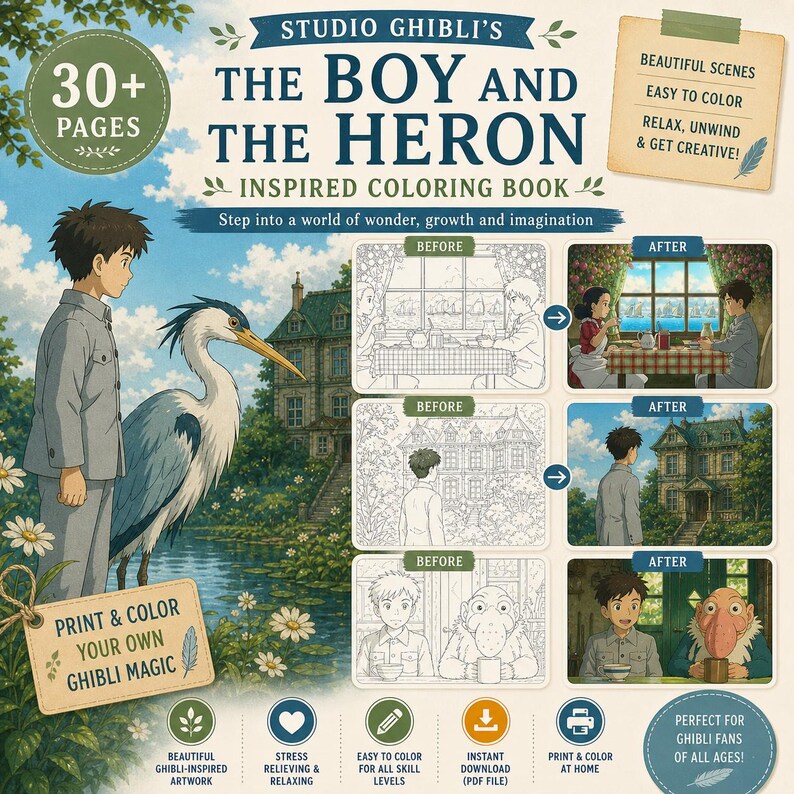 Op de afbeelding: Een kleurboek getiteld "Studio Ghibli's The Boy and the Heron", met illustraties en de tekst "Print & Color Your Own Ghibli Magic". De cover bevat een reiger, een jongen en een huis, met "Voor" en "Na" kleurvoorbeelden.