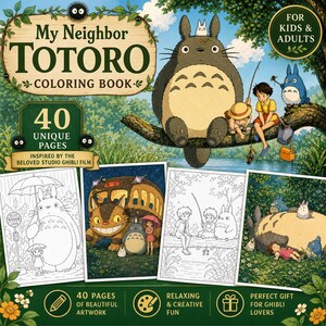 May include: A "My Neighbor Totoro" coloring book with the title in large green letters. The cover features the character Totoro, along with other characters and the text "For Kids & Adults". The book includes 40 unique pages inspired by the Studio Ghibli film.