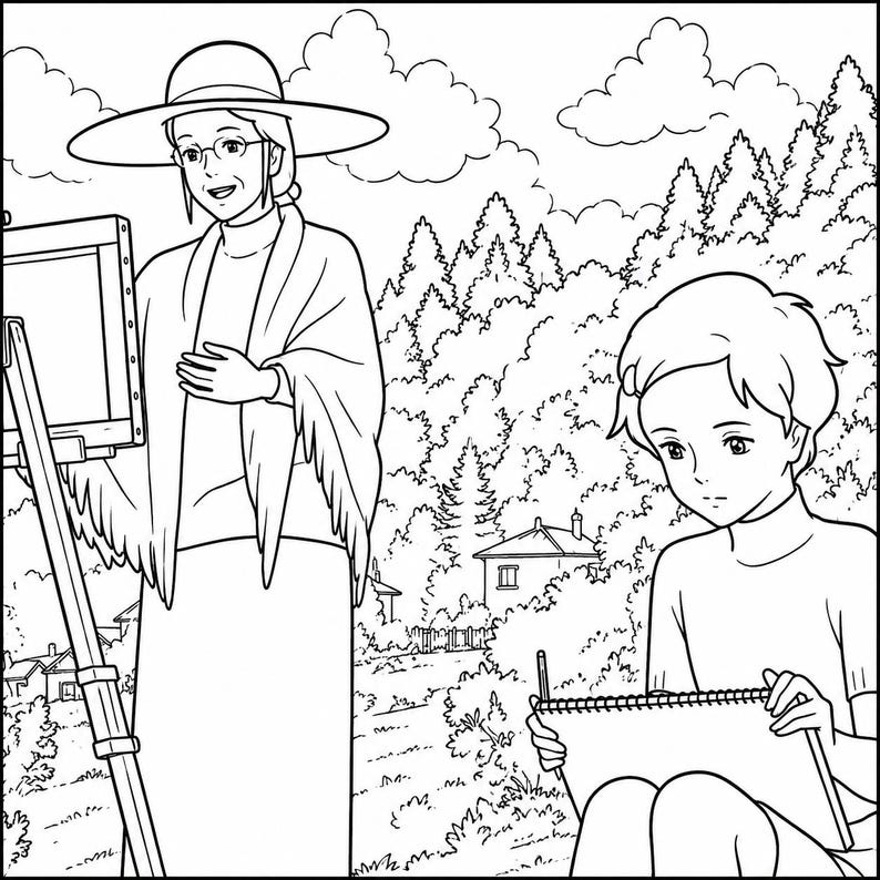 May include: Black and white illustration of two people in an outdoor setting. One person is painting on a canvas, while the other is sketching in a notebook. The background features trees, houses, and clouds.