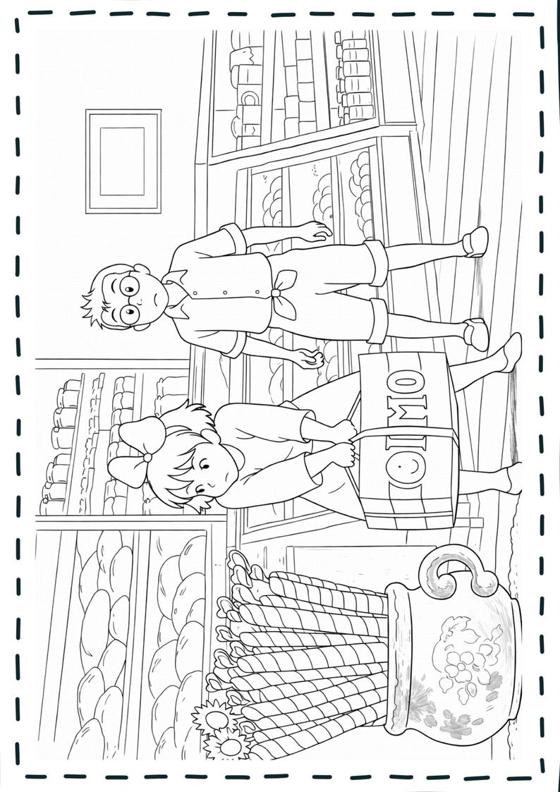 May include: Black and white line art illustration of a bakery scene. Two children are in the bakery. One is carrying a barrel with the word "OMIO" on it. A large vase of cookies is in the foreground.