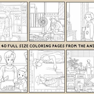 May include: A black and white line art illustration featuring six panels from an anime. The panels depict various scenes with characters in different settings. Text at the bottom reads "GET 40 FULL SIZE COLORING PAGES FROM THE ANIME."