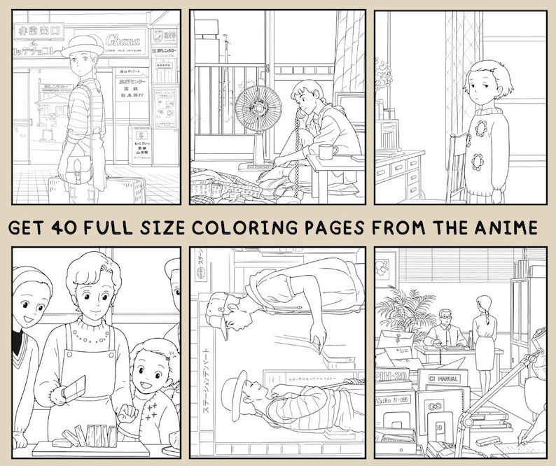 May include: A black and white line art illustration featuring six panels from an anime. The panels depict various scenes with characters in different settings. Text at the bottom reads "GET 40 FULL SIZE COLORING PAGES FROM THE ANIME."