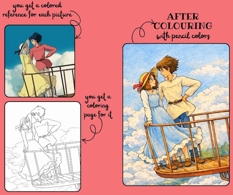 May include: A pink background with three images. The top left image shows a colored illustration of two people on a balcony. The bottom left image is a black and white line drawing of the same scene. The right image is a colored illustration of the same scene. Text reads: "you get a colored reference for each picture", "AFTER COLOURING with pencil colors", and "you get a coloring page for it".
