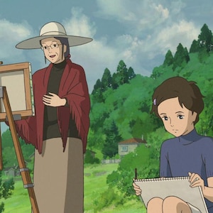 May include: An animated scene depicts two figures outdoors. One figure, wearing a wide-brimmed hat and glasses, stands before an easel. The other figure, seated, holds a sketchbook. The background features lush greenery and a cloudy sky.
