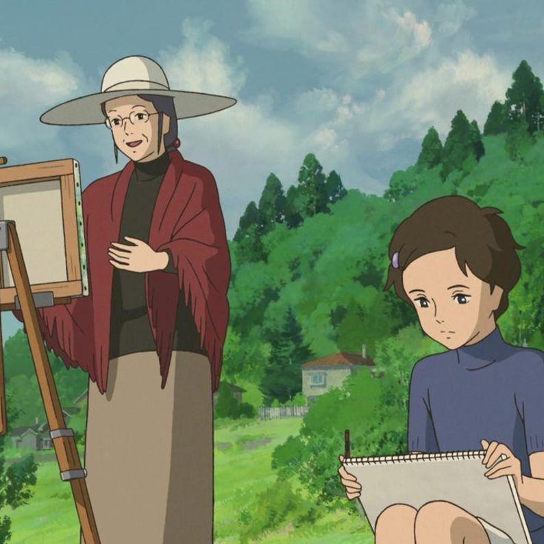 May include: An animated scene depicts two figures outdoors. One figure, wearing a wide-brimmed hat and glasses, stands before an easel. The other figure, seated, holds a sketchbook. The background features lush greenery and a cloudy sky.