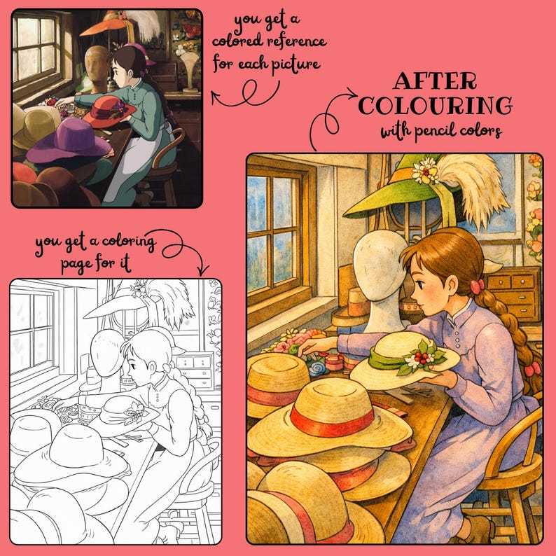 Libro para colorear de El castillo ambulante de Howl – 40 páginas, inspirado en Studio Ghibli, PDF imprimible para adultos imagen 4