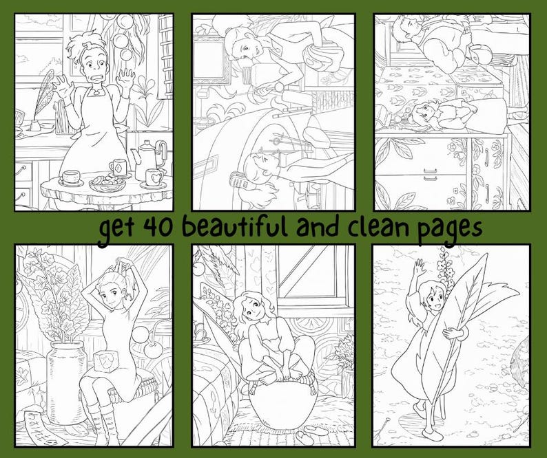 May include: A collection of six black and white illustrations featuring anime-style characters in various scenes. The text "get 40 beautiful and clean pages" is displayed across the center of the image. The illustrations appear to be from a coloring book.