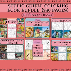 May include: A Studio Ghibli coloring book bundle featuring six different books, including "Ponyo," "Howl's Moving Castle," and "Spirited Away." The bundle includes 240 pages of coloring fun. The text "Studio Ghibli Coloring Book Bundle (240 Pages)" is displayed at the top.