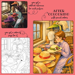 May include: Illustration of a young person in a hat shop, surrounded by various hats. The image includes a colored reference and a coloring page. Text on the image reads: "you get a colored reference for each picture" and "AFTER COLOURING with pencil colors".