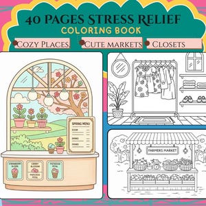 Stress Relief Adult Coloring Book – 40 Relaxing Mindfulness Pages Printable PDF Instant Download
