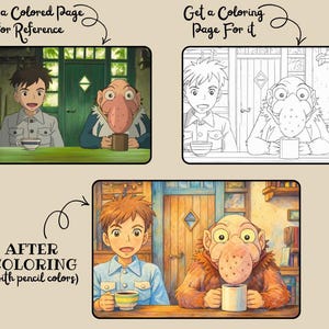 May include: Three panels showing illustrations of two characters, one human and one fantastical, in a cafe setting. The top left panel is colored, the top right is a line drawing, and the bottom panel is colored. Text includes "Get a Colored Page for Reference", "Get a Coloring Page For it", and "AFTER COLORING (with pencil colors)".