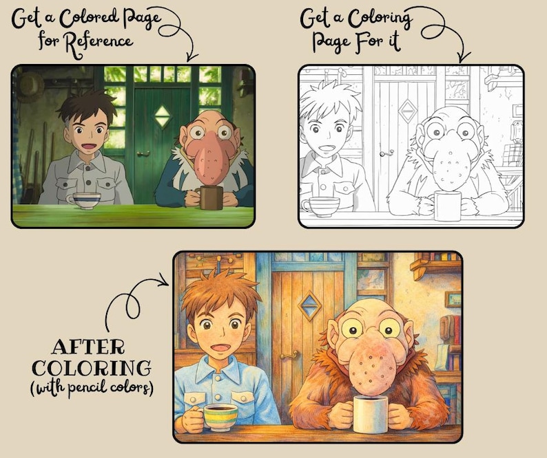 May include: Three panels showing illustrations of two characters, one human and one fantastical, in a cafe setting. The top left panel is colored, the top right is a line drawing, and the bottom panel is colored. Text includes "Get a Colored Page for Reference", "Get a Coloring Page For it", and "AFTER COLORING (with pencil colors)".