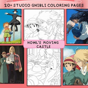 Puede incluir: Una colecci&oacute;n de p&aacute;ginas para colorear de Studio Ghibli con personajes de "El castillo ambulante". Las im&aacute;genes incluyen ilustraciones en color y en blanco y negro, con una pancarta rosa que dice "Howl's Moving Castle".