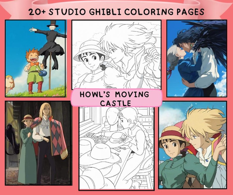 Puede incluir: Una colecci&oacute;n de p&aacute;ginas para colorear de Studio Ghibli con personajes de "El castillo ambulante". Las im&aacute;genes incluyen ilustraciones en color y en blanco y negro, con una pancarta rosa que dice "Howl's Moving Castle".
