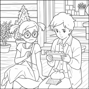 May include: Black and white illustration of two young people sitting outdoors. One wears glasses and has pigtails, the other holds a framed object. A bag and a stack of papers are on the ground. Plants and a wooden structure are in the background.