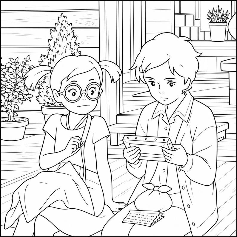 May include: Black and white illustration of two young people sitting outdoors. One wears glasses and has pigtails, the other holds a framed object. A bag and a stack of papers are on the ground. Plants and a wooden structure are in the background.
