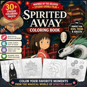 May include: A Spirited Away coloring book with over 30 unique coloring pages. The cover features characters from the Studio Ghibli film, including Chihiro, No-Face, and Haku. The book promises beautiful artwork, easy coloring, and is a perfect gift for fans.