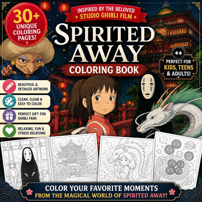 May include: A Spirited Away coloring book with over 30 unique coloring pages. The cover features characters from the Studio Ghibli film, including Chihiro, No-Face, and Haku. The book promises beautiful artwork, easy coloring, and is a perfect gift for fans.