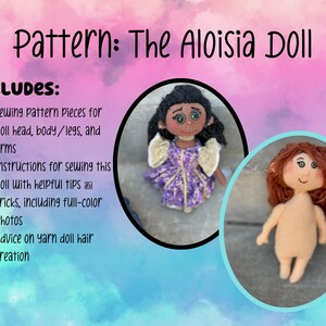 Puede incluir: Un patrón de costura para hacer una muñeca llamada Aloisia. El patrón incluye instrucciones, fotos y consejos para coser la muñeca. La imagen muestra dos muñecas, una con ropa morada y dorada y la otra con cabello castaño y sin ropa.