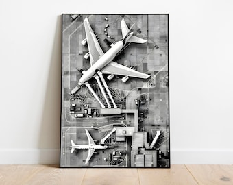 Wydruk z lotniska Airbus A380 | Czarno-biała sztuka lotnicza (do pobrania cyfrowego)