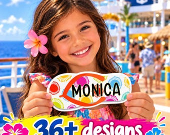 May include: A white flip-flop shaped sign featuring a colorful floral pattern and the name MONICA in black capital letters. The sign is displayed with a bright yellow banner at the bottom containing the blue text 36+ designs and hibiscus flowers.
