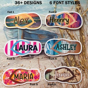 May include: Six different font styles for personalized flip-flop designs. The designs feature various colors and patterns, including a sunset, stripes, and floral patterns. The names "Alex", "Henry", "Laura", "Ashley", "Maria", and "Jamie" are displayed in each font style.
