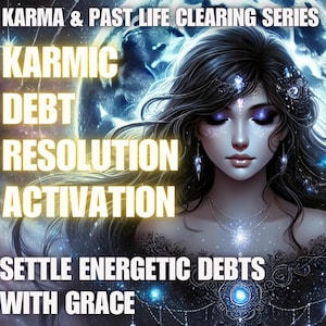 May include: Digital artwork of a woman with dark hair and cosmic makeup, set against a starry background. Text includes "Karmic Debt Resolution Activation" and "Settle Energetic Debts With Grace."