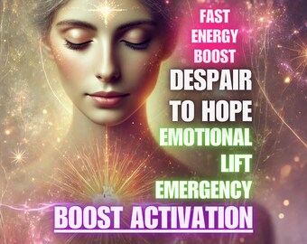 Op de afbeelding: Digitale kunst met een vrouw met gesloten ogen, die licht uitstraalt. Tekstoverlay bevat "Fast Energy Boost", "Despair to Hope" en "Emotional Lift". De afbeelding heeft een spiritueel of wellness thema.