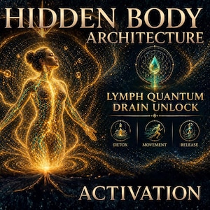 May include: Digital artwork with the text "HIDDEN BODY ARCHITECTURE" and "LYMPH QUANTUM DRAIN UNLOCK". A glowing golden figure is at the center, with the words "DETOX", "MOVEMENT", and "RELEASE" below.