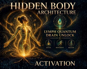 May include: Digital artwork with the text "HIDDEN BODY ARCHITECTURE" and "LYMPH QUANTUM DRAIN UNLOCK". A glowing golden figure is at the center, with the words "DETOX", "MOVEMENT", and "RELEASE" below.