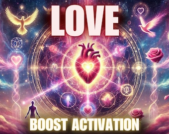 Op de afbeelding: Digitale kunst met het woord "LOVE" boven een gloeiend hart. De afbeelding toont duiven, rozen en spirituele symbolen tegen een kosmische, kleurrijke achtergrond. De woorden "BOOST ACTIVATION" staan onderaan.