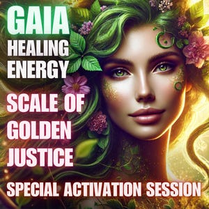 May include: Digital art of a woman with green eyes and flowing blonde hair adorned with green leaves and pink flowers. Text overlay reads "GAIA HEALING ENERGY SCALE OF GOLDEN JUSTICE SPECIAL ACTIVATION SESSION". The image has a soft, ethereal glow.