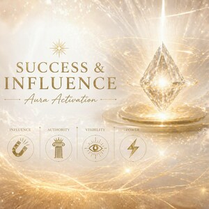 Op de afbeelding: Een digitale kunstafbeelding met een goud- en wit kleurenschema. De tekst "SUCCESS & INFLUENCE Aura Activation" is weergegeven. Een diamantvormig object straalt licht uit, met iconen die invloed, autoriteit, zichtbaarheid en kracht vertegenwoordigen.