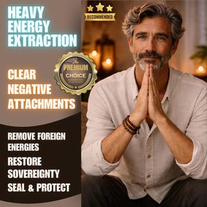 Può includere: Immagine di un uomo con capelli grigi e barba, che indossa una camicia chiara, con le mani giunte in preghiera. Il testo include "HEAVY ENERGY EXTRACTION", "CLEAR NEGATIVE ATTACHMENTS" e "REMOVE FOREIGN ENERGIES."
