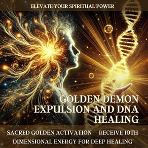 Può includere: Una figura dorata con una testa incandescente e una doppia elica di DNA nella sua mano. Lo sfondo è uno spazio scuro con stelle. Il testo recita "Golden Demon Expulsion and DNA Healing. Sacred Golden Activation - Receive 10th Dimensional Energy for Deep Healing."