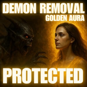 Op de afbeelding: Digitale kunst die een vrouw met een gouden aura afbeeldt die een demonisch wezen confronteert. De tekst "DEMON REMOVAL GOLDEN AURA PROTECTED" wordt weergegeven in een gloeiend lettertype. Het kunstwerk heeft een donker, onheilspellend thema.