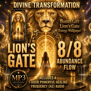 May include: A digital graphic featuring a large lion face above a golden archway with a person standing before it. Text reads: DIVINE TRANSFORMATION, LION'S GATE, 8/8 ABUNDANCE FLOW, Bonus Gift Lion's Gate Energy Wallpaper, and INCLUDES A 1-HOUR POWERFUL HEALING FREQUENCY (HZ) AUDIO.