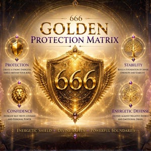 May include: A digital graphic titled 666 Golden Protection Matrix featuring a central golden shield with wings and the number 666. Surrounding icons depict a shield, tree, lion, and geometric shape with text labels for protection, stability, and defense.