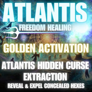 May include: Digital art with the word "ATLANTIS" in large, glowing, white letters. Below, the words "FREEDOM HEALING" and "GOLDEN ACTIVATION" are displayed. The image also includes "ATLANTIS HIDDEN CURSE EXTRACTION" and "REVEAL & EXPEL CONCEALED HEXES".