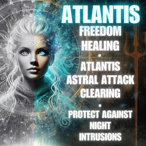Può includere: Immagine digitale di un volto femminile diviso, un lato in bianco e nero e l'altro in blu e turchese. Il testo include "ATLANTIS", "LIBERTÀ", "GUARIGIONE" e "PROTEGGI CONTRO LE INTRUSIONI NOTTURNE". Un tridente è visibile.
