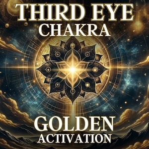 May include: A golden third eye chakra mandala with a starburst in the center, surrounded by a galaxy background with clouds and planets. The text "THIRD EYE CHAKRA GOLDEN ACTIVATION" is at the top and bottom of the image.