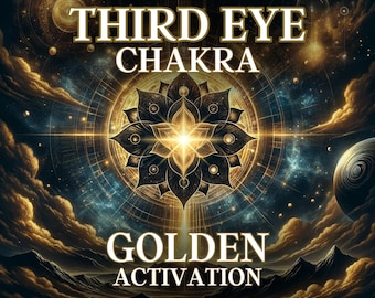 May include: A golden third eye chakra mandala with a starburst in the center, surrounded by a galaxy background with clouds and planets. The text "THIRD EYE CHAKRA GOLDEN ACTIVATION" is at the top and bottom of the image.