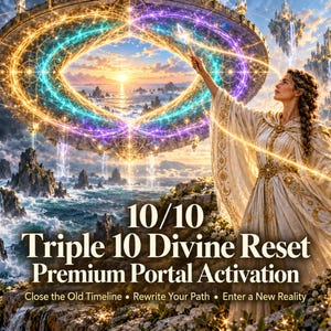 Puede incluir: Una ilustración digital de una persona con un vestido color crema fluido con bordados dorados, alcanzando un portal circular brillante en el cielo. El texto dice: 10/10 Triple 10 Divine Reset Premium Portal Activation. Close the Old Timeline • Rewrite Your Path • Enter a New Reality.