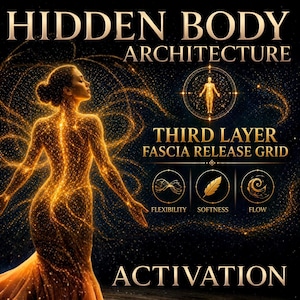 May include: An artistic digital illustration with the text "HIDDEN BODY ARCHITECTURE" and "THIRD LAYER FASCIA RELEASE GRID". A glowing golden figure of a woman is depicted, with energy lines emanating from her body. The image also includes symbols for flexibility, softness, and flow.