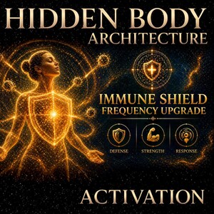 May include: Digital artwork with the text "HIDDEN BODY ARCHITECTURE" and "IMMUNE SHIELD FREQUENCY UPGRADE". A glowing golden figure is depicted with a shield, surrounded by energy patterns. Icons for defense, strength, and response are also included.