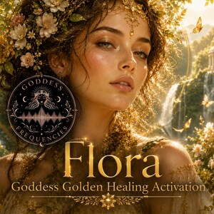 Puede incluir: Una ilustraci&oacute;n digital de una persona con una corona de flores, rodeada de mariposas doradas y una cascada. Un logotipo circular muestra el texto Goddess Frequencies, con las palabras Flora y Goddess Golden Healing Activation.