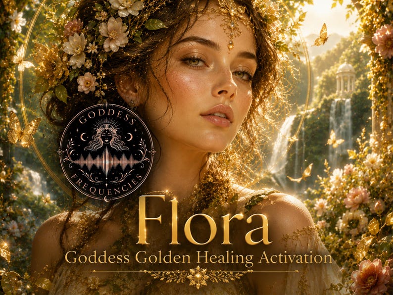 Puede incluir: Una ilustraci&oacute;n digital de una persona con una corona de flores, rodeada de mariposas doradas y una cascada. Un logotipo circular muestra el texto Goddess Frequencies, con las palabras Flora y Goddess Golden Healing Activation.