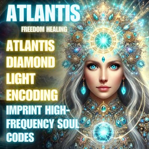 Può includere: Illustrazione digitale di una donna con capelli argentati e occhi blu, adornata con gioielli e una corona elaborati. Il testo include le parole "Atlantis", "Diamond", "Light", "Encoding" e "High-Frequency Soul Codes".